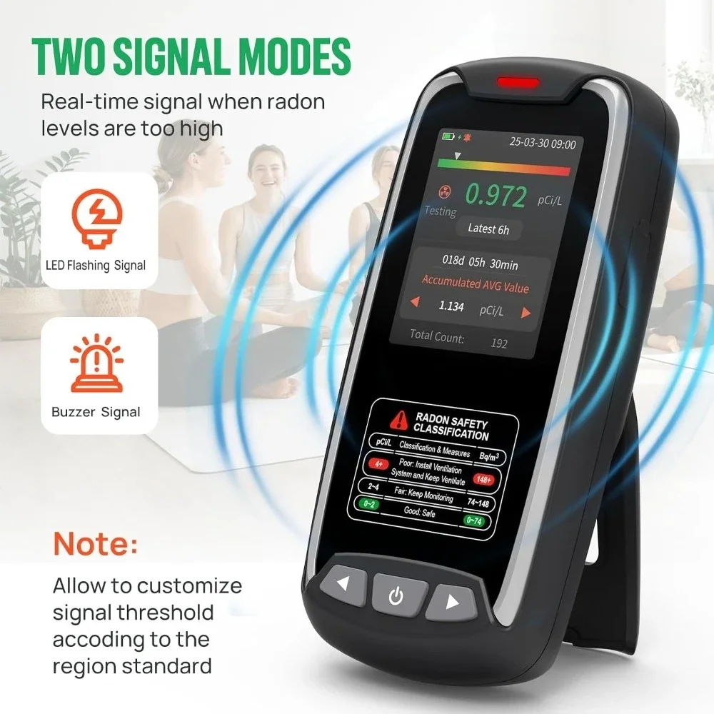 Portable Radon Detector Rechargeable Fast 6H First Result Radon Gas Monitor 0.09-1000 pCi/L Audible Visual Alarm 504 Day Log