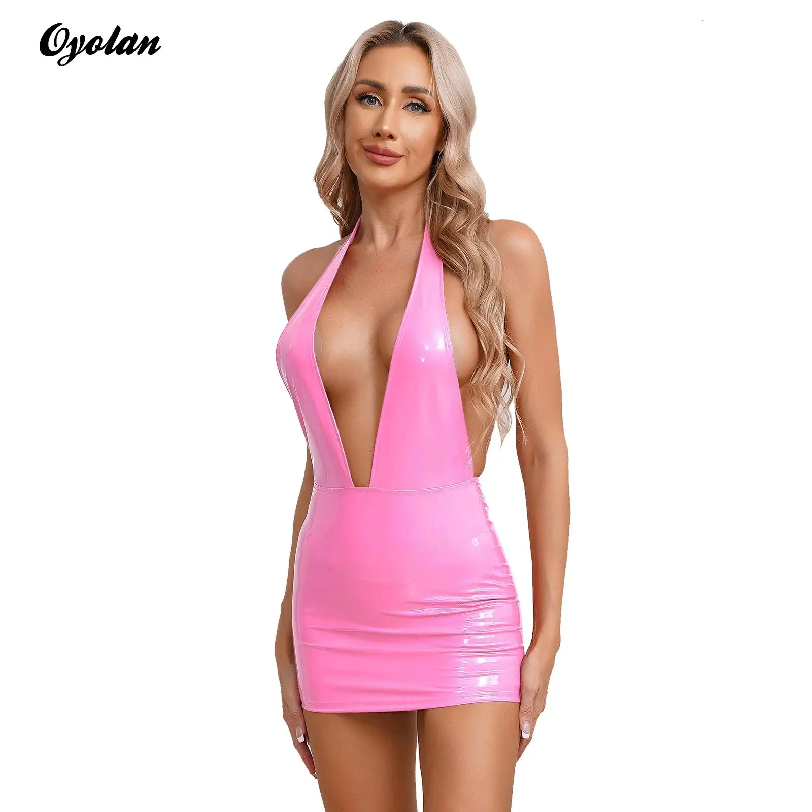 Womens Halter Plunging V Neck Backless Sexy Bodycon Dress Wet Look Patent Leather Bodycon Mini Dress Disco Rave Party Clubwear