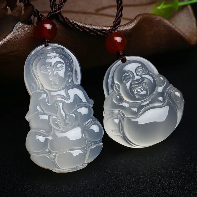 Natural High Ice Agate Jade Guanyin Buddha Fair Safety Buckle Pendant Chalcedony Pendant Smiling Buddha White Chalcedony Maitrey