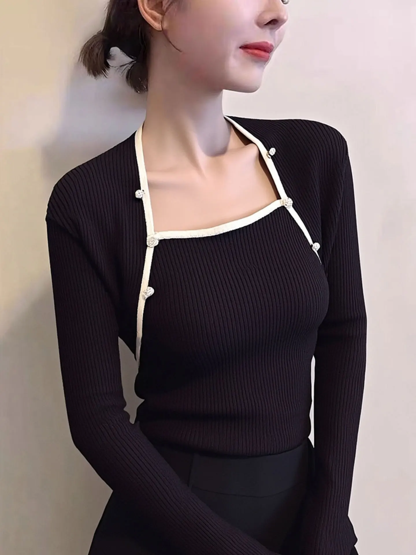 

Korean Sle Color Blo Square Collar Long Sve Camere Knitted Sweater Winter Slim Fit Inner irt Trendy Top