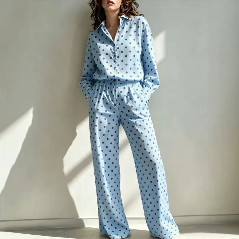 Elegant Women's Suit Set 2026 New Dotted Long Sleeved Shirt+Pants 2 Piece Set Slim Pocket Atmospheric Office Vacation Pants Sets