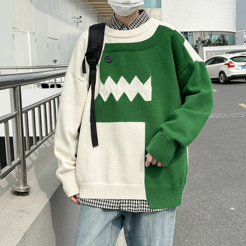 

Autumn Winter Men's Knitted Sweater Cartoon Dinosaur Pullovers Oversized Jumpers Women Hip Hop Knitwear Vintage Sweaters E111