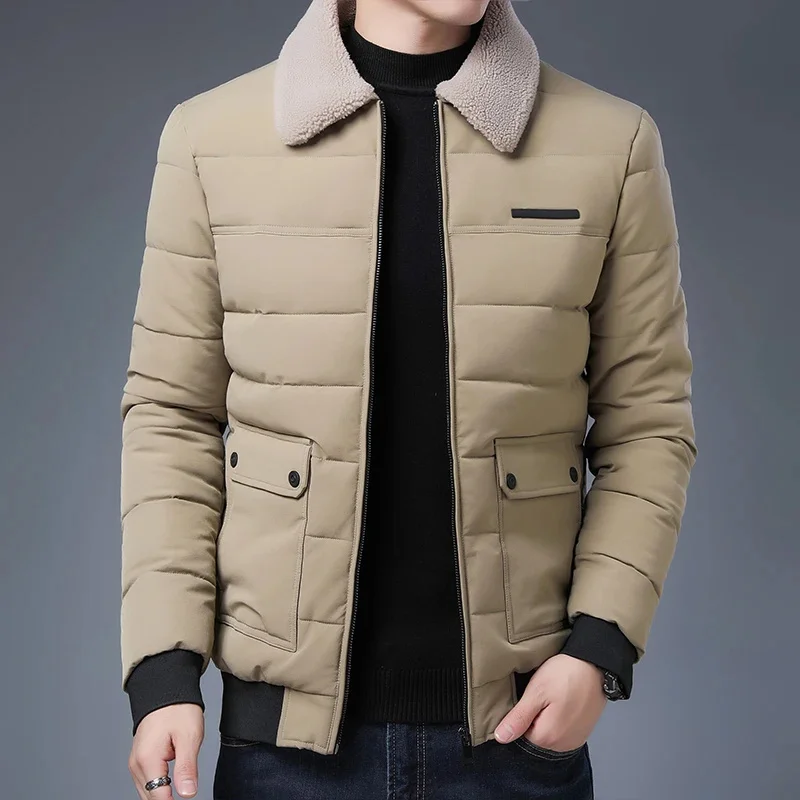 Blusão de algodão acolchoado masculino, parkas casual, casaco quente, gola de pele, casacos à prova de vento, moda exterior, outwear masculino, inverno