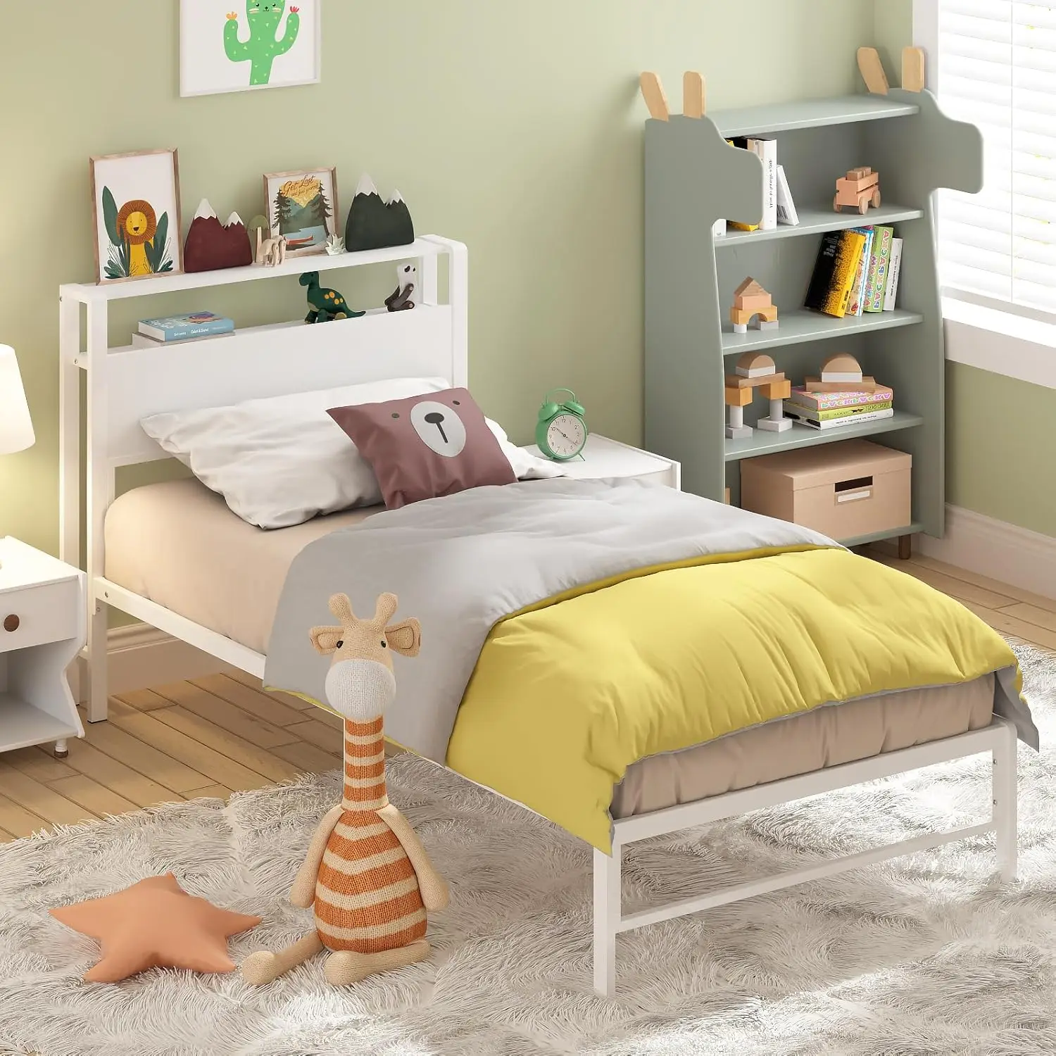 Twin Bed Frames for Kids, Twin Size Bed with 2 Tiers Wood Shelves Headboard Under Bed Storage Space No Box Spring Needed