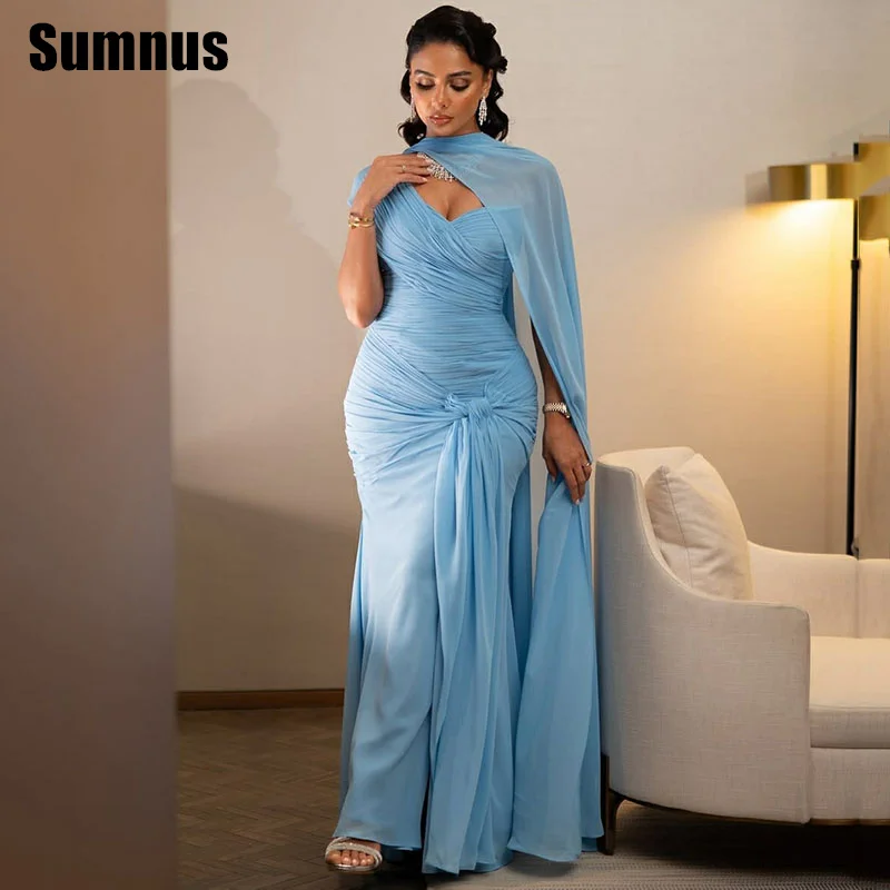 

Sumnus Elegant Mermaid Sky Blue Evening Dresses One Shoulder Pleats Formal Occasion Dresses فساتين سهرة Customized