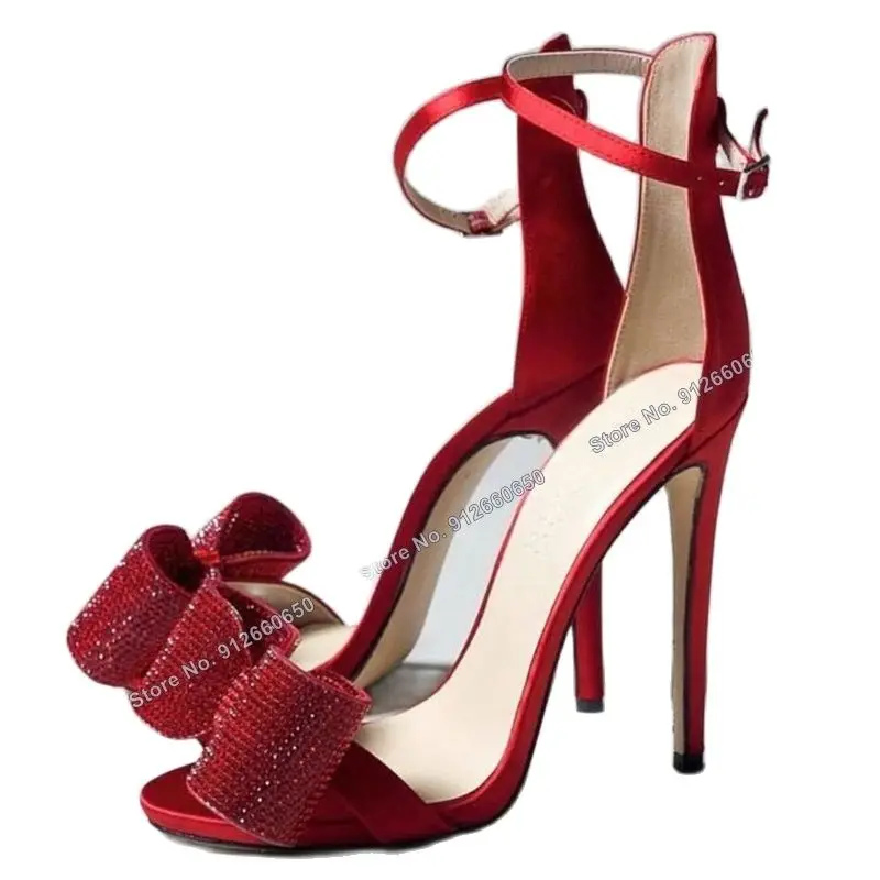 Moraima Snc Crystal Bow Knot Sandals Red Pink Women Ankle Buckle Thin High Heels Shoes Women Stilettos Heels Open Toe Sandals