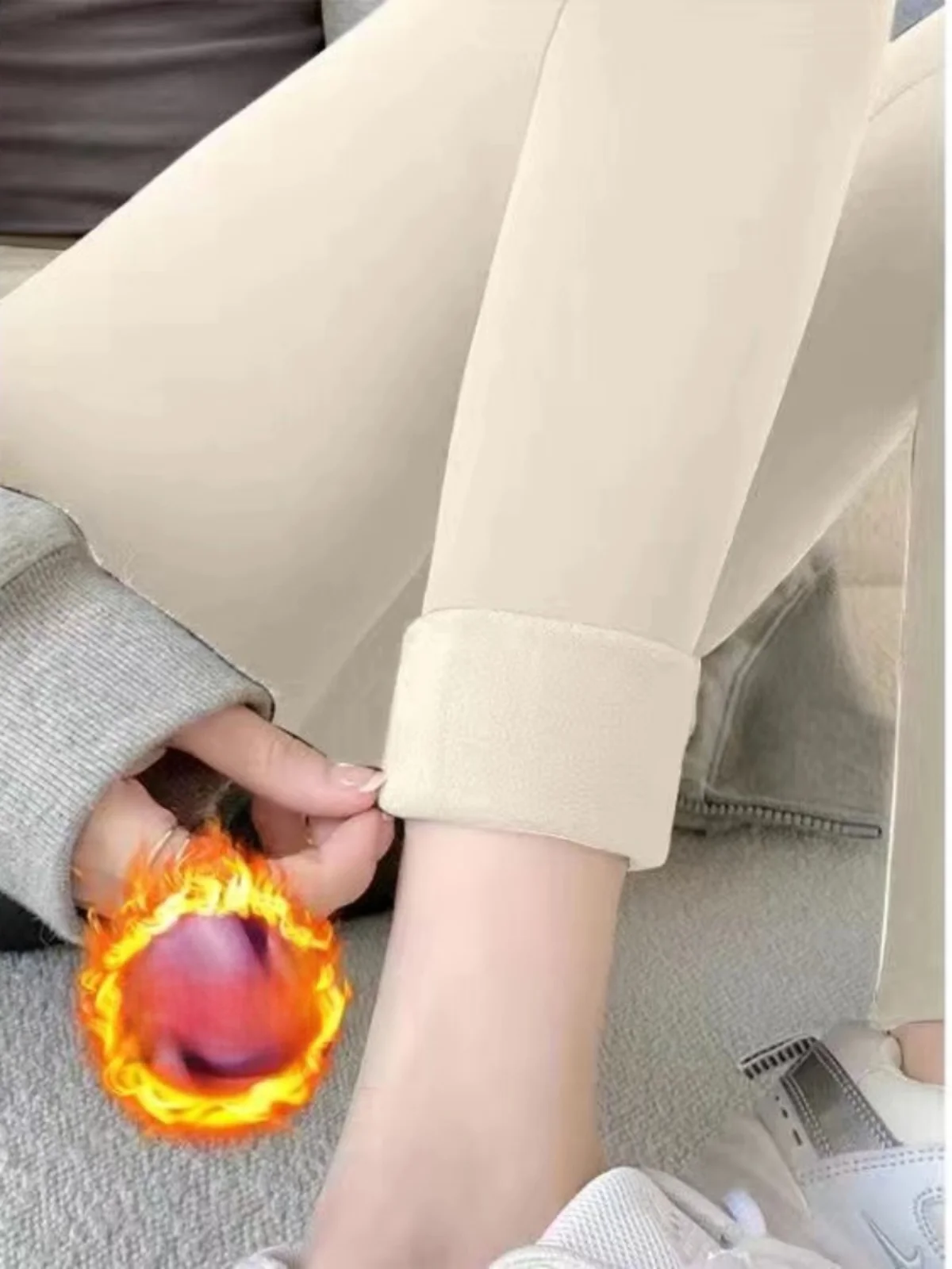 Thickened Double-sided Fleece Heating Thermal Pants Women's Slim Fit Autumn Winter Fleece Lined Cotton Pants Tight Bottoms