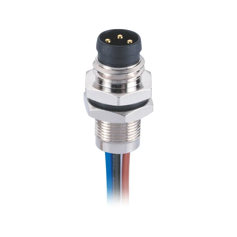 M8 Panel Receptacle Connector Male 3 Pin Circular Rear Mount With 0.2m Single Wires