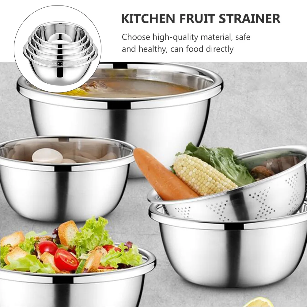 

5pcs Stainless Steel Strainer Set 18 20 22 24 26cm Vegetable Fruit Washing Basin Drain Basket Kitchen Storage Rice Sieve