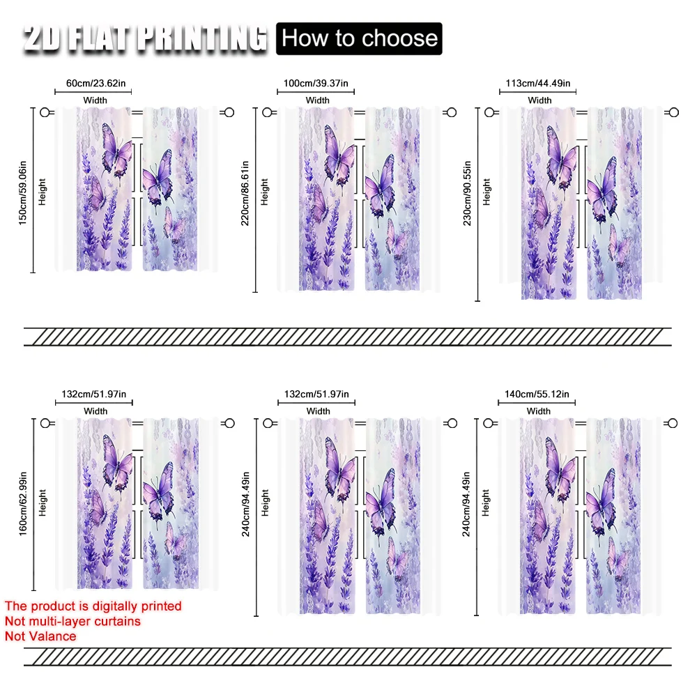 2pcs, Print Curtains  print Lavender Dreamy Purple Butterfly Polyester (without rod) Stuff Clearance Use for Living Room,