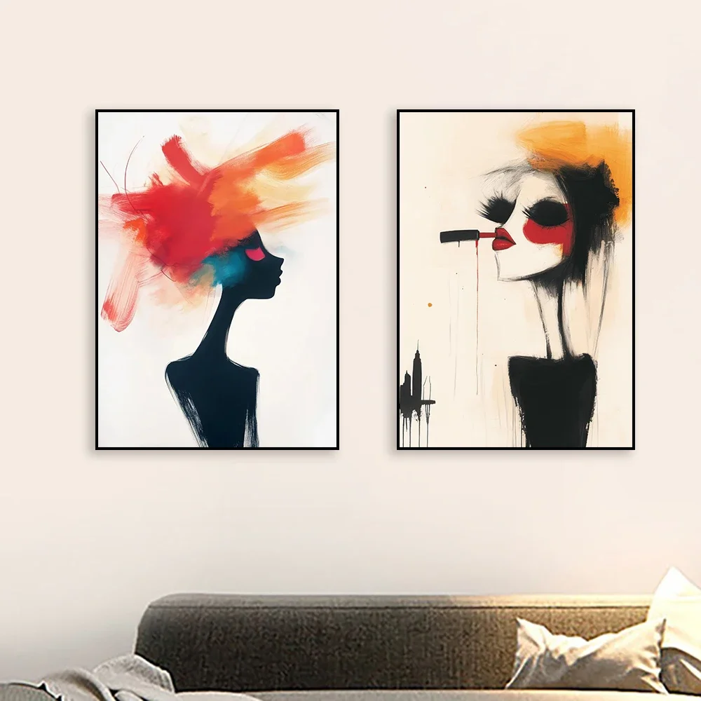 1pc frameless Canvas Painting Colorful Fashion Silhouette Wall Art Poster Abstract Woman Portrait Prints Modern Feminine Canvas