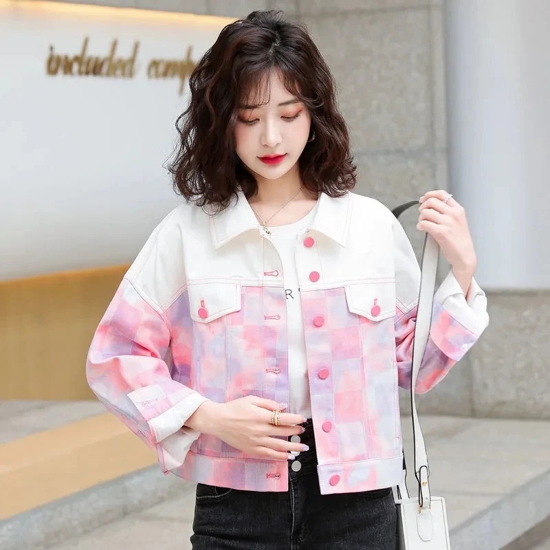 Vintage Denim Jacket Women's Spring And Autumn 2023 New White Printed Top Fresh Loose Jacket Color Matching Women's Clothing