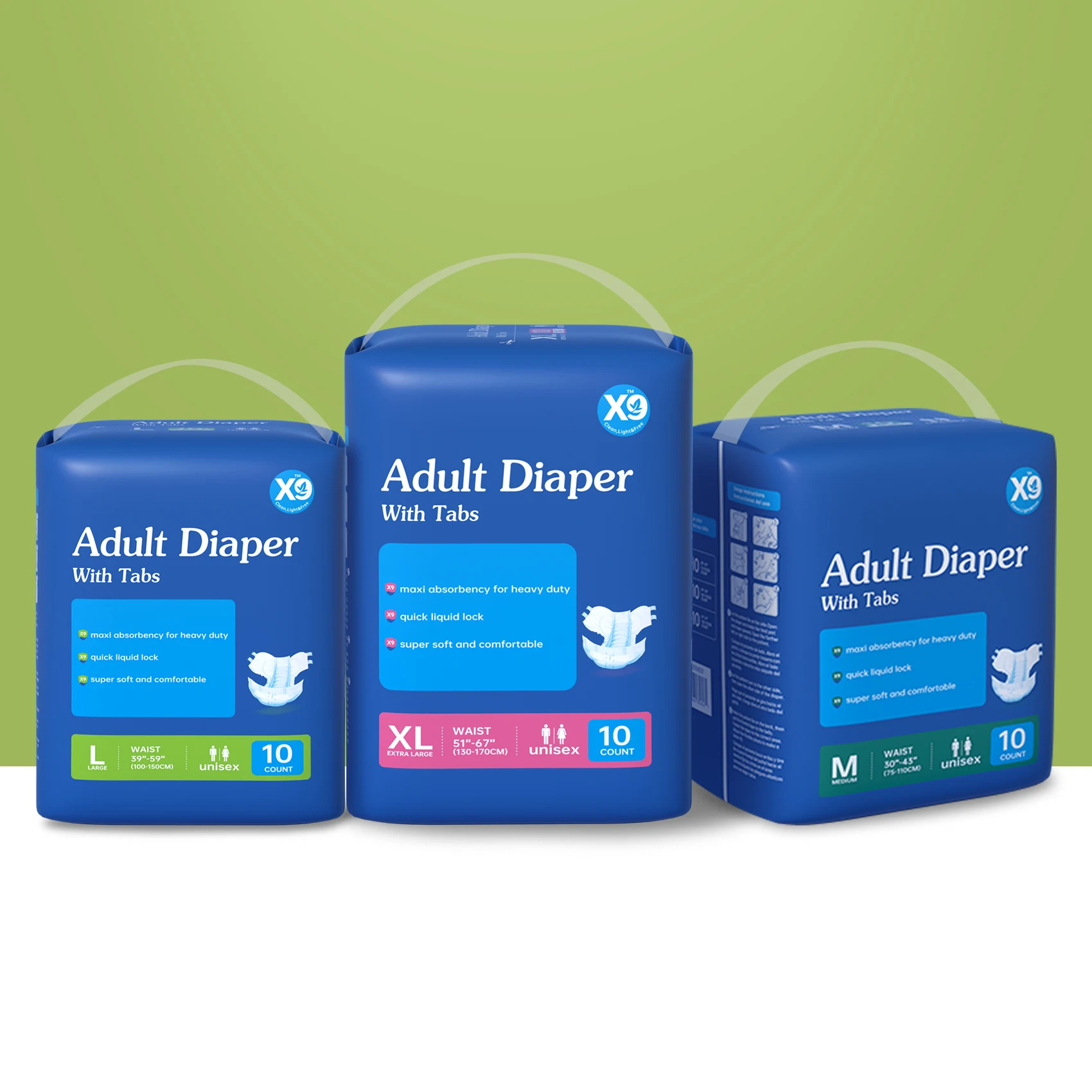 X9 Tab-Style Adult Disposable Diapers, Heavy Absorbency Incontinence Briefs, Adjustable Fastener Tabs, Leakproof Breathable Adult Nappies for Elderly, Post-Surgery & Bedridden People