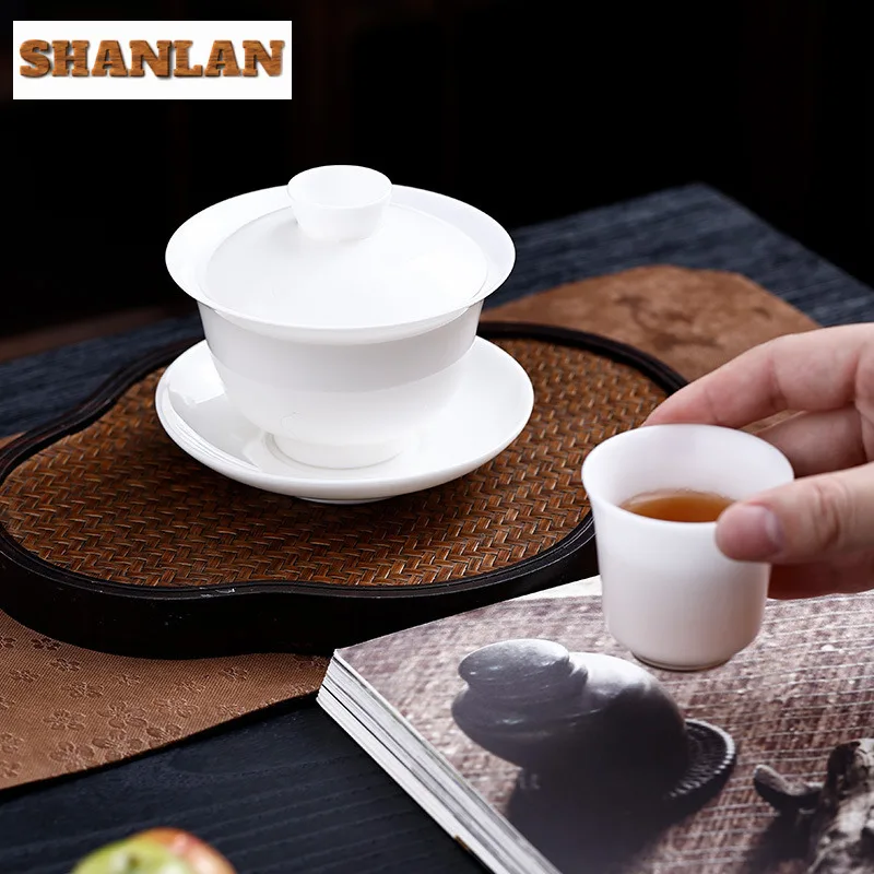 190ml Mutton Fat Jade Three Talents Gaiwan Zen Ceramic Anti-scald Cover Bowl Elegant Tea Tureen Tea Maker Chinese Teaware Craft view 6