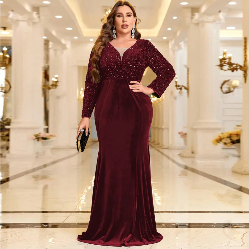 

Ky63 Вечернее платье большого размера Dr iny Red Premium Velvet Long Sve Вечернее платье для вальса Faionable Matrons Wear