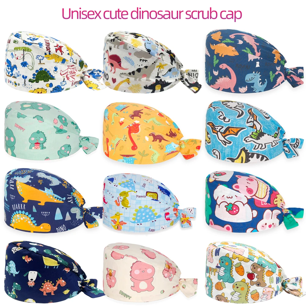 Unisex Surgical Cap Cotton Breathable Adjustable Sweat Nurse Doctor Dental Hospital Hat Medical Surgical Headwear dinosaur print