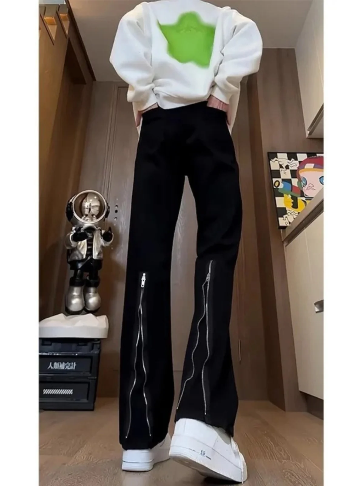 

Cleanfit Bla Men's Jeans Autumn Zipper Slit Pants Slim Micro Flared Youth Trendy Jeans Cotton Polyester Blend Wear Resistant