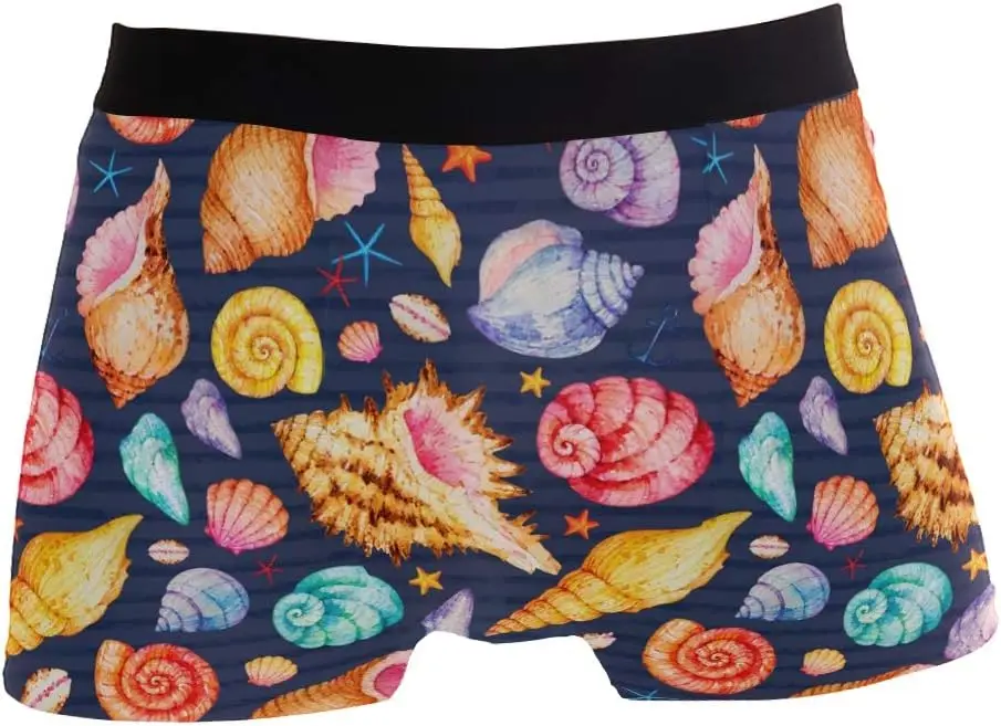 Mens Boxer Briefs Watercolor Seashell Starfish Print Soft Breathable Elastic Waist Underwear Summer Ocean Themed Male Underpants