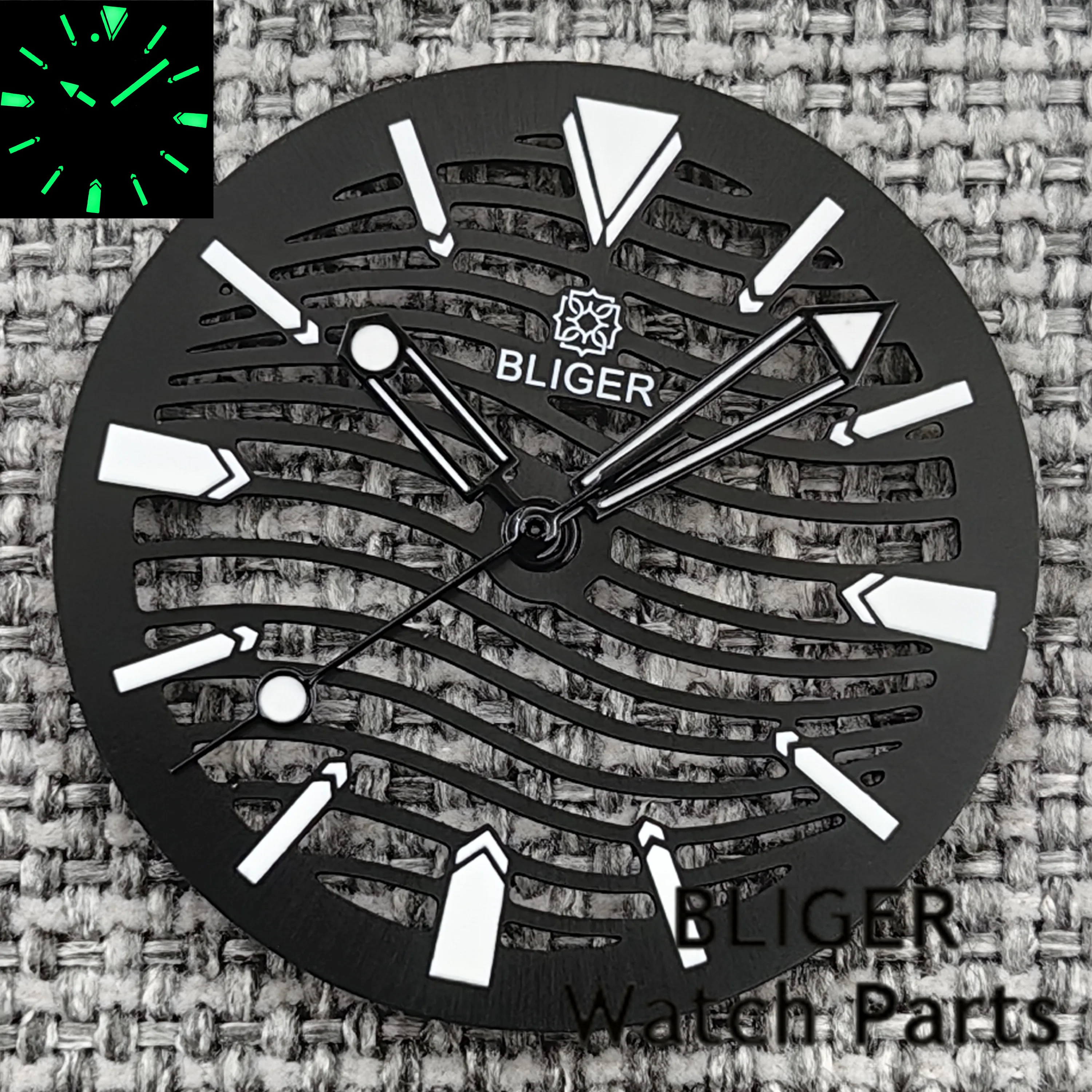 BLIGER New Hollow-out Watch Dial And Skeleton Hands Fit 29mm Black Silver Blue Green Dial C3 Green Luminous Fit NH70 NH72