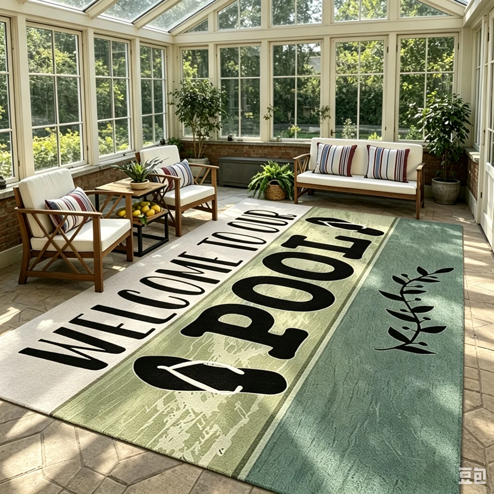 Rug Welcome To Our Pool Themed Letter Print Decorative Floor Carpet for Patio Sunroom Backyard Outdoor Indoor Home Decoration