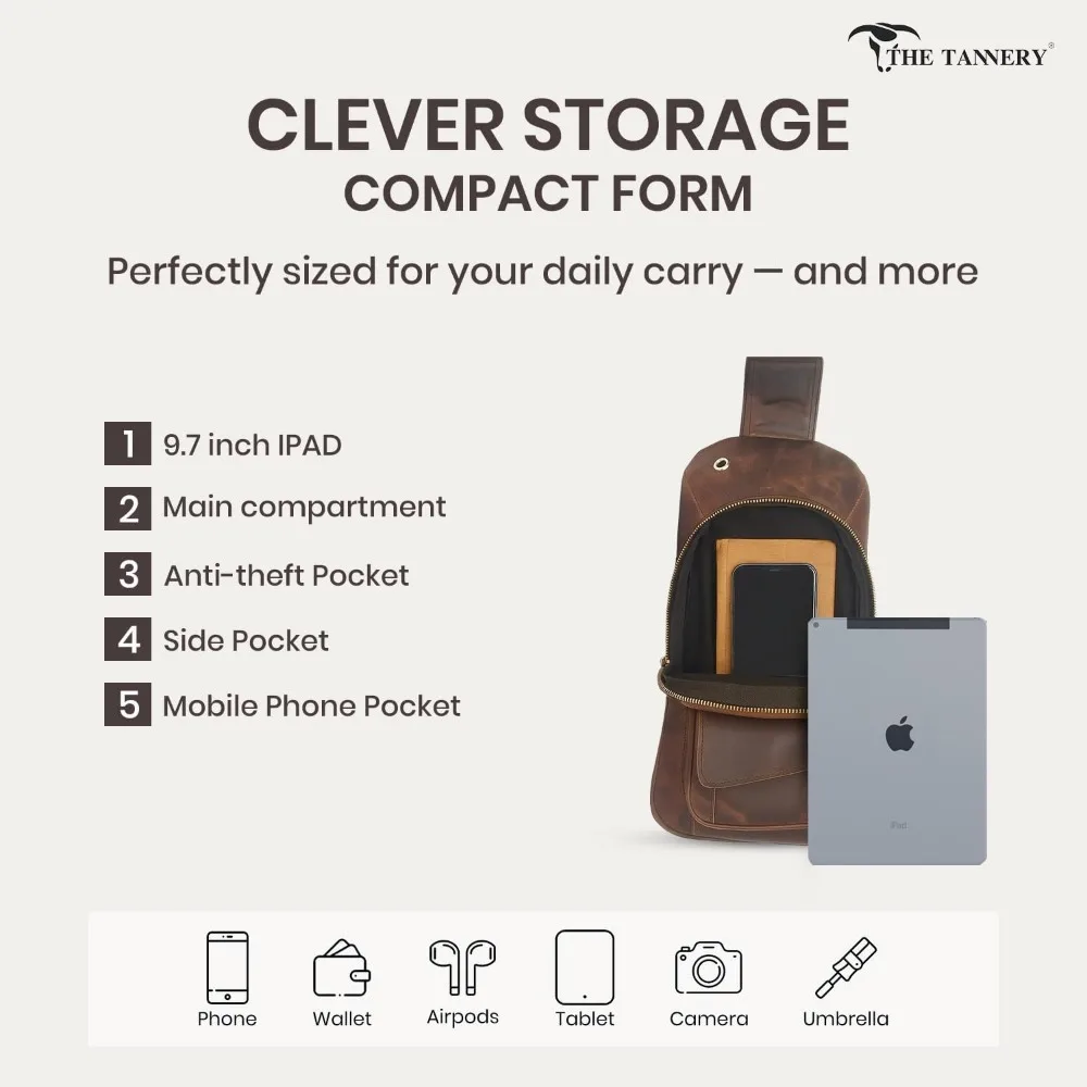 حقيبة ظهر كروس من جلد الجاموس للسفر والمشي لمسافات طويلة مع حزام كتف قابل للتعديل، حقيبة صدر متعددة الأغراض للاستخدام في الهواء الطلق