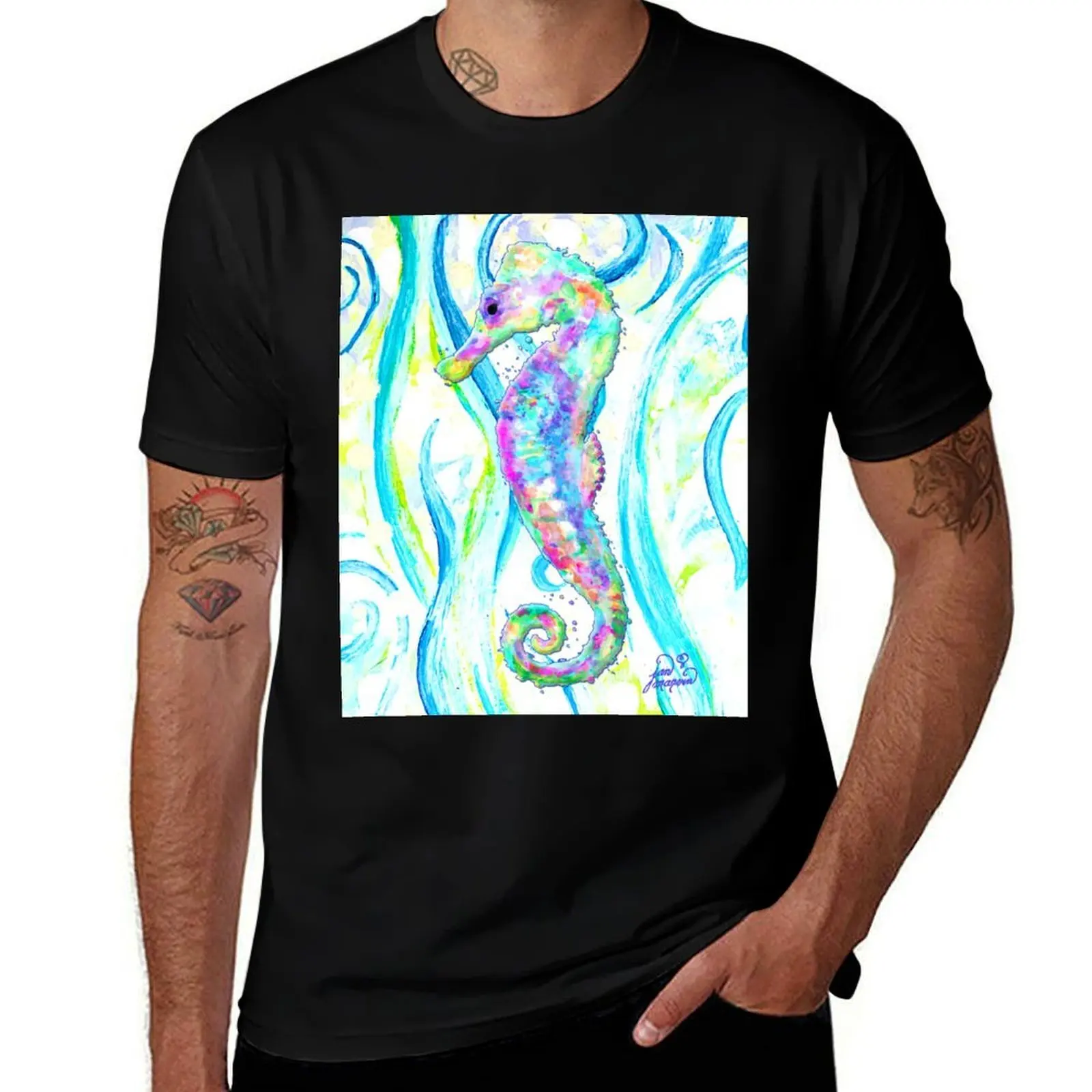 Seahorse Swimming in the Ocean T-Shirt Stain Resistant Casual Tee