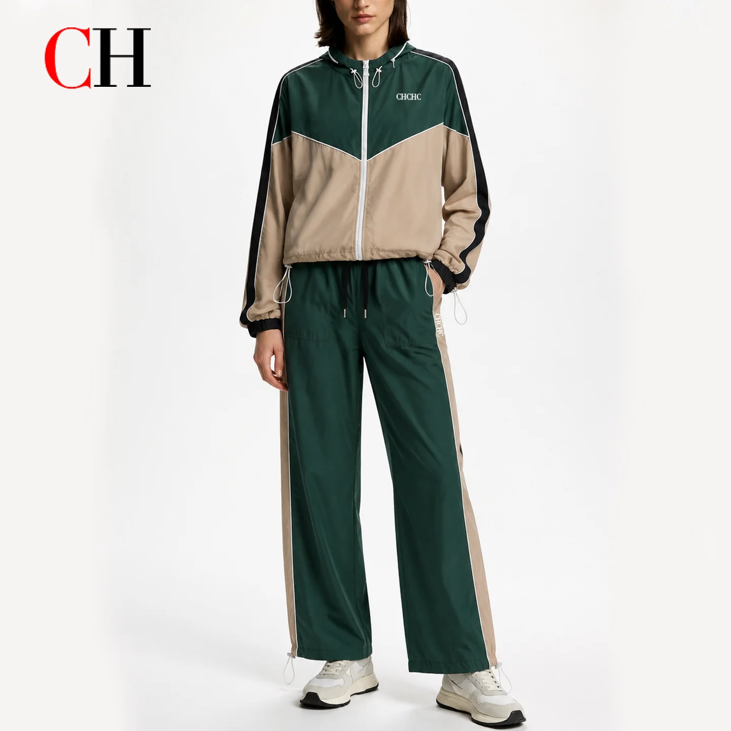 CH Women Color Block Tracksuit Set Stand Collar Zip Cropped Jacket Drawstring Wide Leg Pants Letter Embroidered Sport Outfit