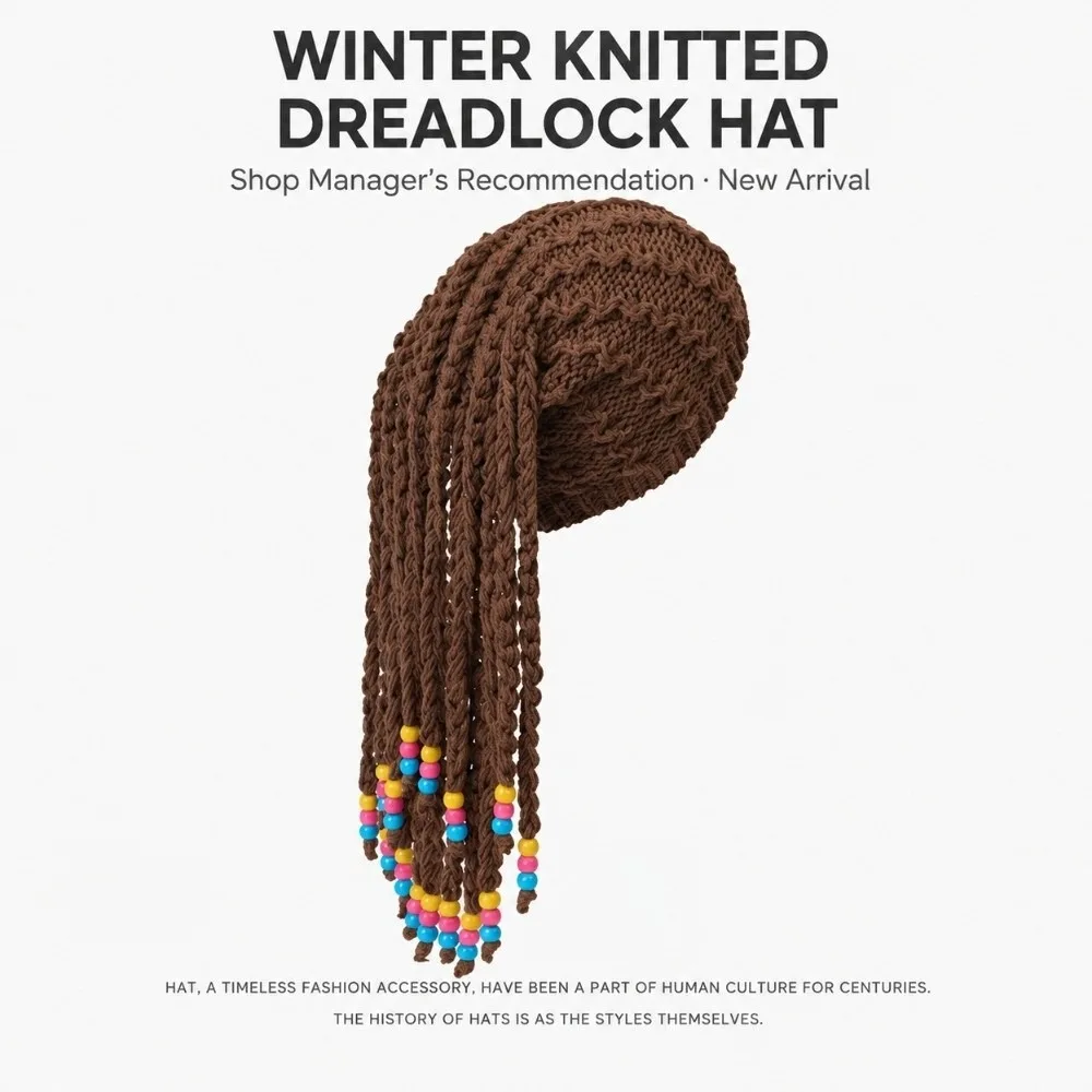 Knitted Dreadlock Beanie Color Bead Decor Faux Braid Braided Wig Hat Thick Yarn Integrated Braid Faux Braid Hat Fashion Shooting