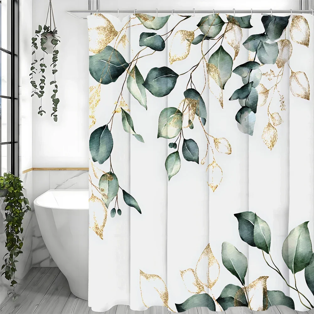 

Green Eucalyptus Shower Curtain, Gold Leaf Watercolor Botanical Floral Shower Curtain Waterproof Fabric Bathroom Decor Easy Care