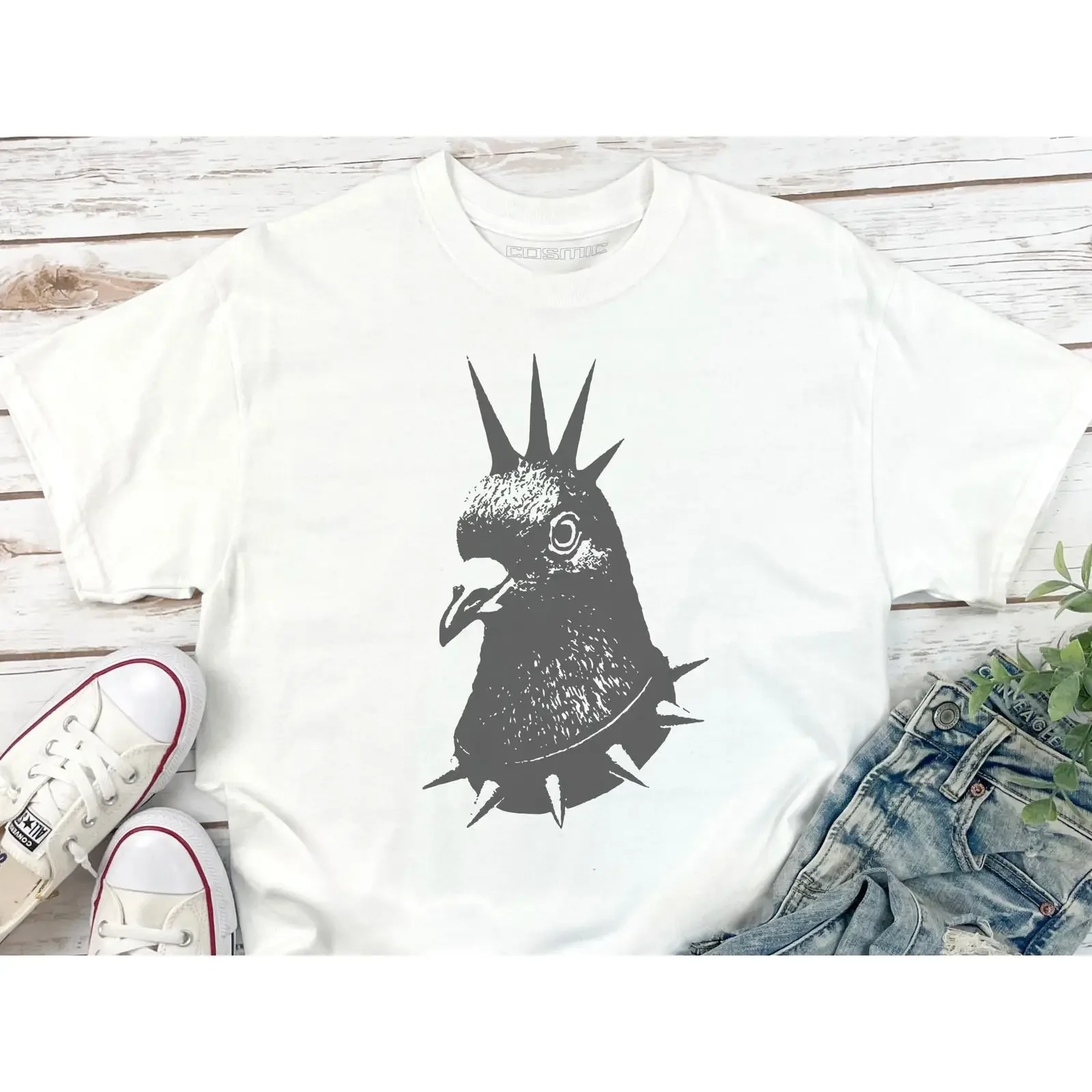 Punk Pigeon Mohawk T Shirt Alternative Bird Lovers Urban Birds Fan Rock Dove with Spiked Collar vintage Washed Comfortable