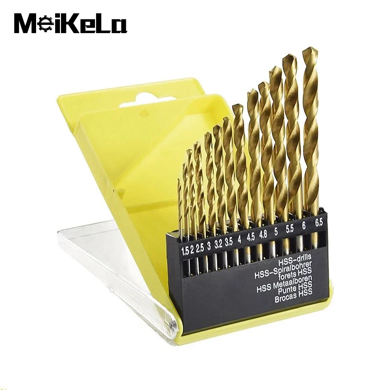 

13pc 1.5-6.5mm Round Twist Drill Bit Set Titanium Coated Straight Shank Hole Cutter High Speed Steel Drill Bit Woodwork Tools
