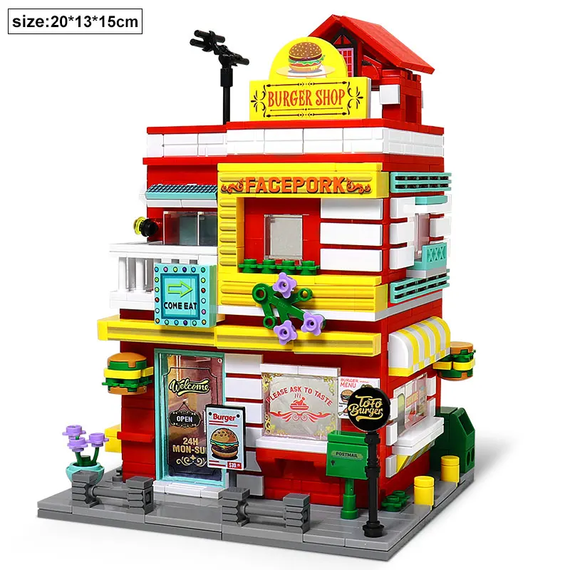 City Building Blocks Street View Burger Shop Block House Store Building Set Desktop Decor Kids DIY Toy Christmas Birthday Gift