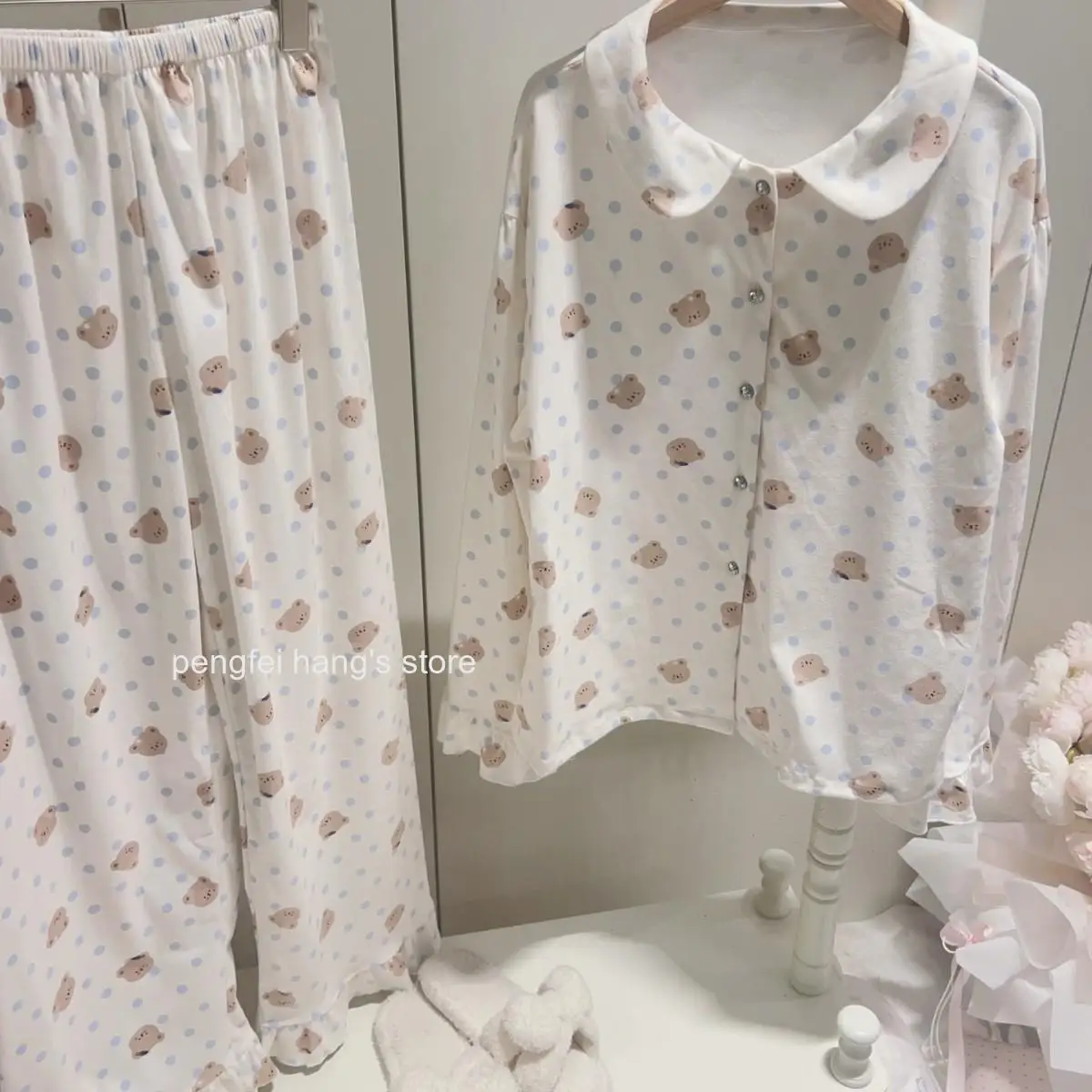 Women Winter Autumn Double Sided Fleece Pajama Set Dotted Bear Print Thick Dralon Cartoon Loungewear Ladies Warm Home Wear