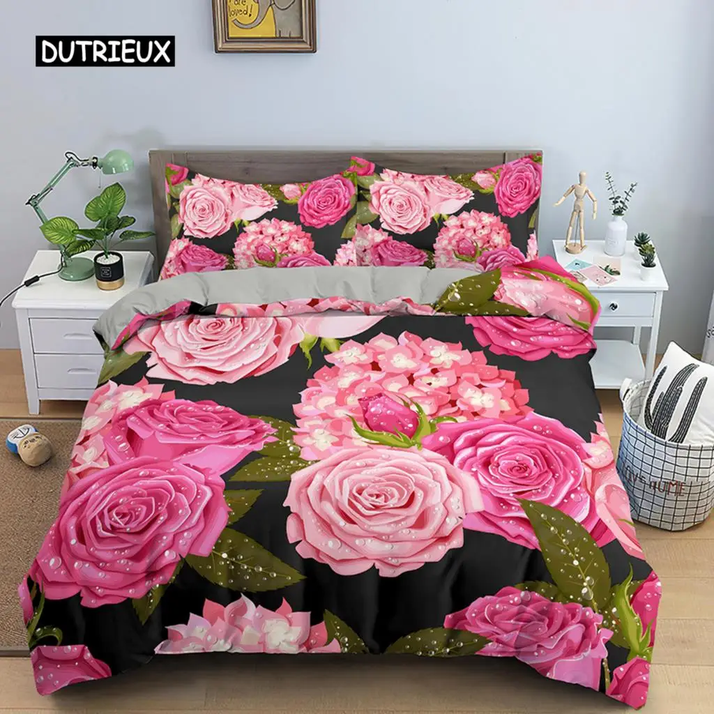 

3D Rose Flower Duvet Cover Double 210x210 Bedding Set 2/3pcs Quilt Cover with Zipper Closure King Size Polyester Comforter Cover