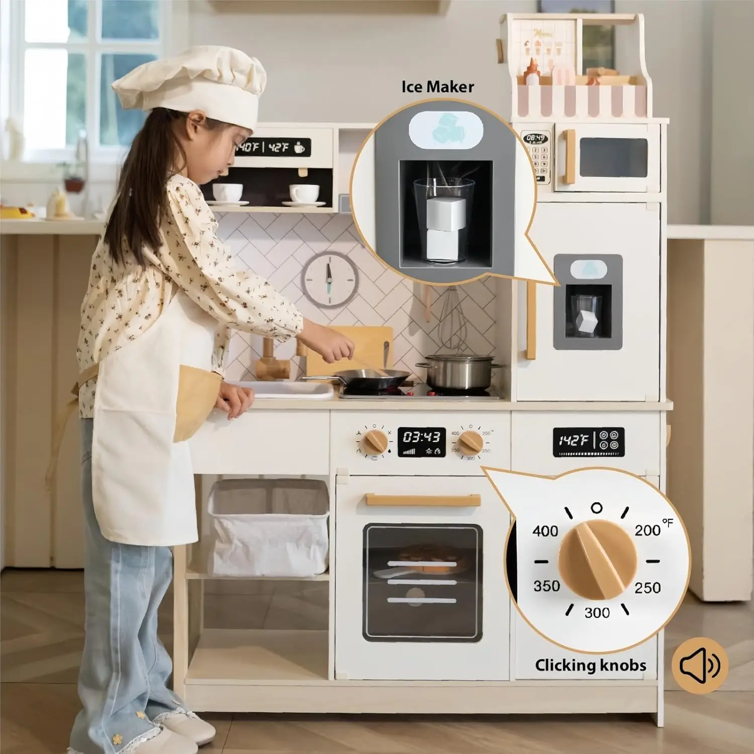 Holz spiel küche Kinder küche Spielset mit echtem Licht & Sound realistische Eismaschine Herd Ofen Koch so tun, als ob Spielzeug küche enthalten