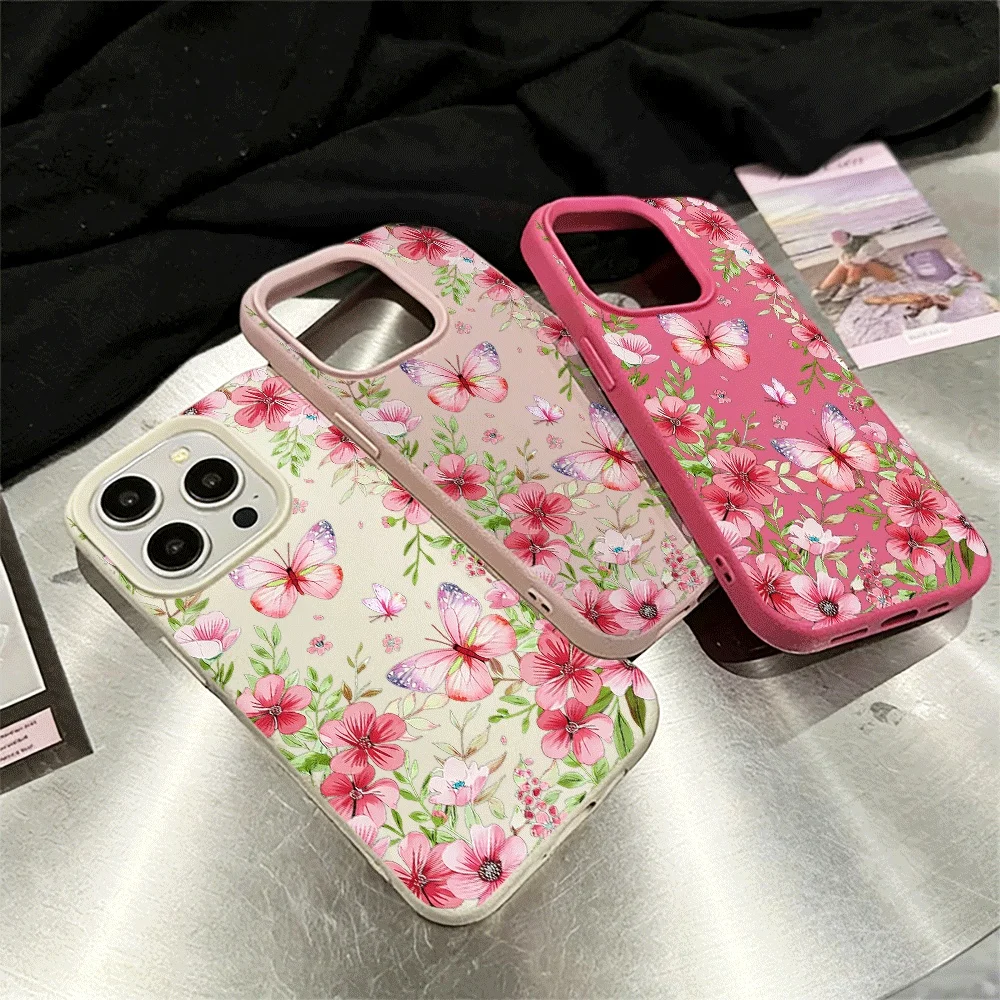 Rosa geblümte Schmetterlings-Handyhülle für iPhone 17 16 15 14 13 12 11 Pro Max 16 15 14 Plus 17 16 15 Pro 17Air Silikon-Matt-Cover – Detail 3