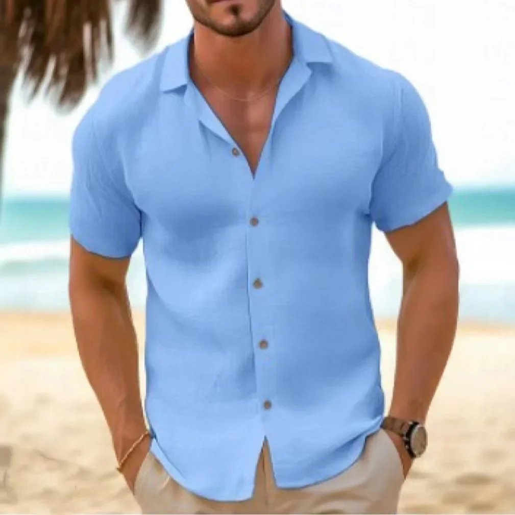 

Europe and The United States Summer New Men's Beach Cardigan Short Sleeve Hawaii Vacation Leisure Comfortable Solid Color Shirt