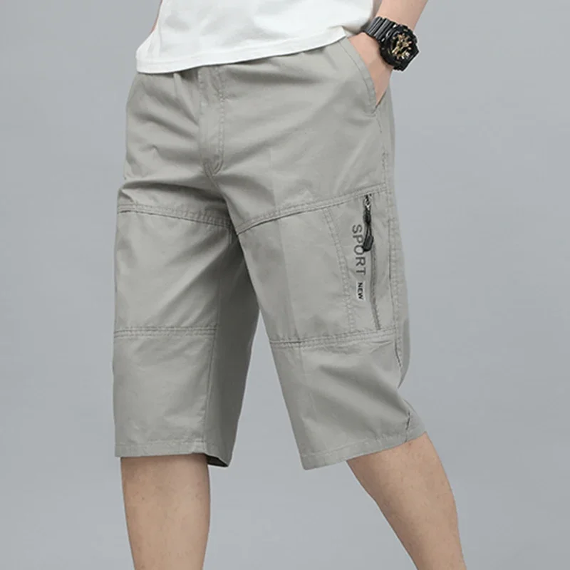 

Men Cargo Shorts Elastic Waist Knee Length Pants Casual Loose Comfortable Cotton Shorts Khaki Army Green 6XL 5XL