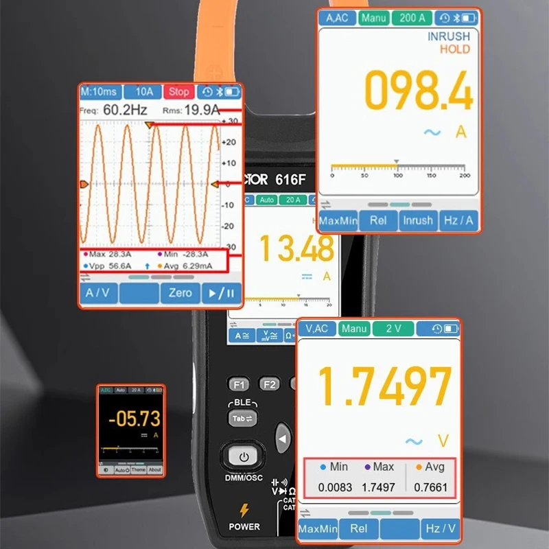 VC616E/F 3 in 1 Oscilloscope Clamp Meter 19999 Counts USB Direct Charging Li-ion Auto Range 38mm Jaw Design Bluetooth Tester