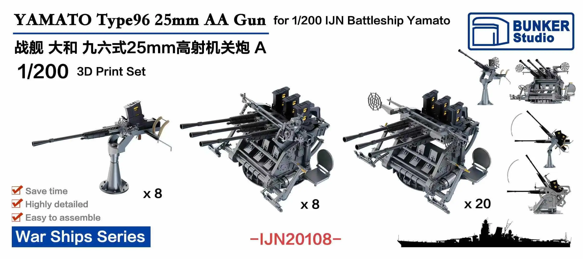 BUNKER IJN20108 YAMATO Type96 25mm AA Gun for 1/200 IJN Battleship Yamato