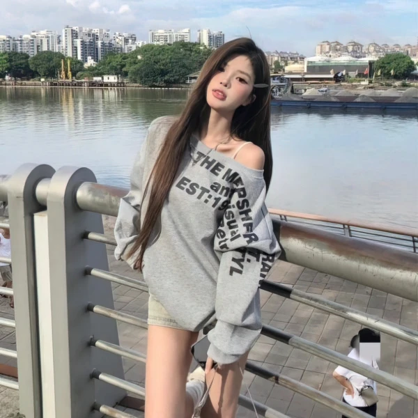 Y2k Sexy Oversize T-Shirt Damen Streetwear Txt-Print Langarm Basic Top Herbst Winter Koreanisches One-Shoulder Sweatshirt – Detail 7