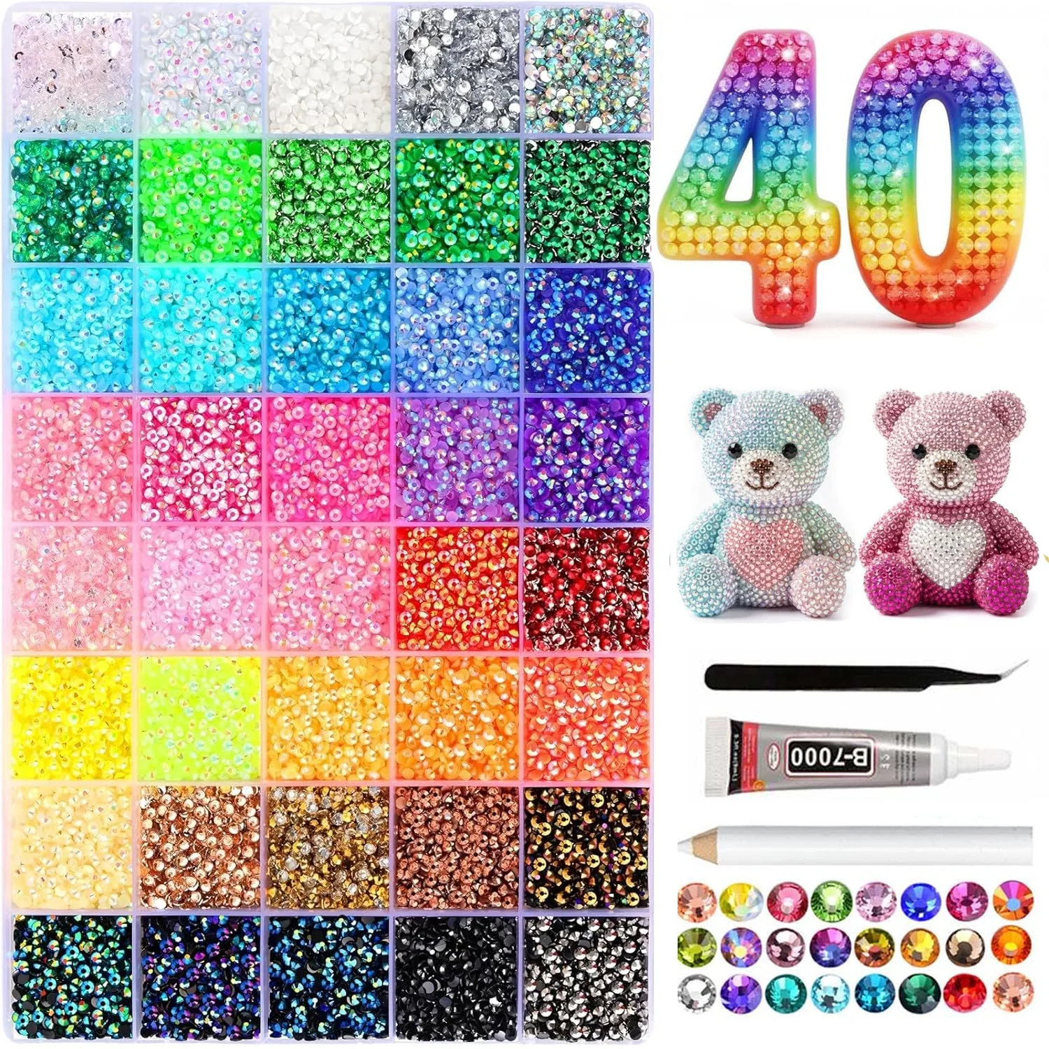 Bedeckungsset, 40 Farben Mehrfarbige Harz-Flachsteine für Dekoration, Diamantkunst, Bastelarbeiten, Bücher, Schuhe, Nagelkunst