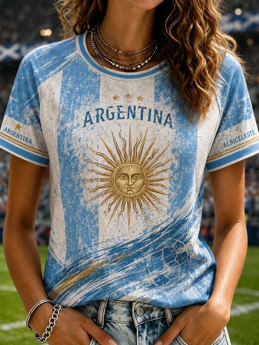 Women's Gift For Argentina Football Fans Print Casual O-Neck Tee Football Cultural T-Shirt