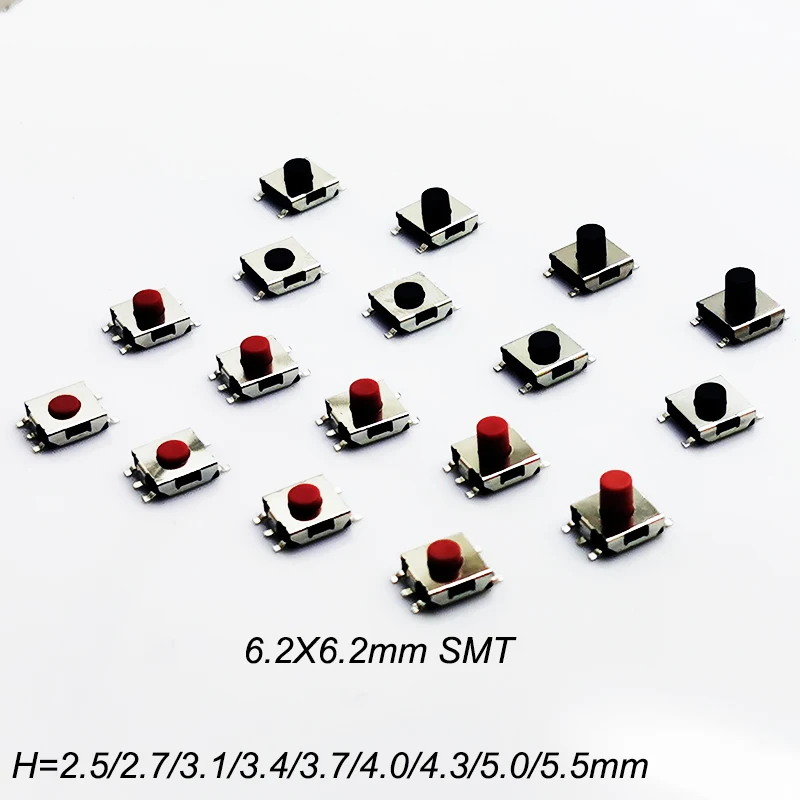 50pcs 6.2X6.2mm H=2.5/2.7/3.1/3.4/3.7/4/4.3/5/5.5mm 4Pin 5Pin SMD Black Red Momentary Tact Button PCB Mounting Click Button