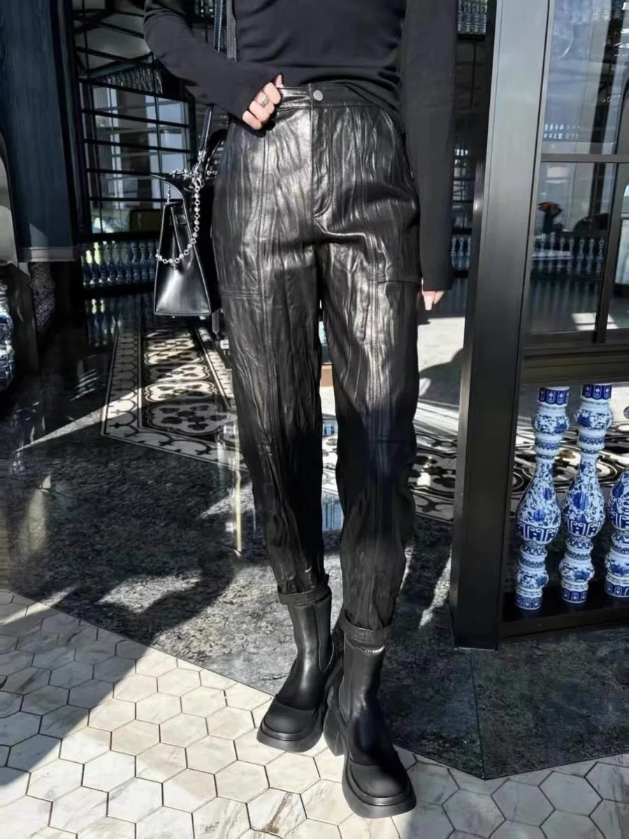 

Women Real Leather Pleated Pencil Pants Fashion Minimalist High Waisted Diagonal Pocket Long Pants Slim Straight Tube Pantalones