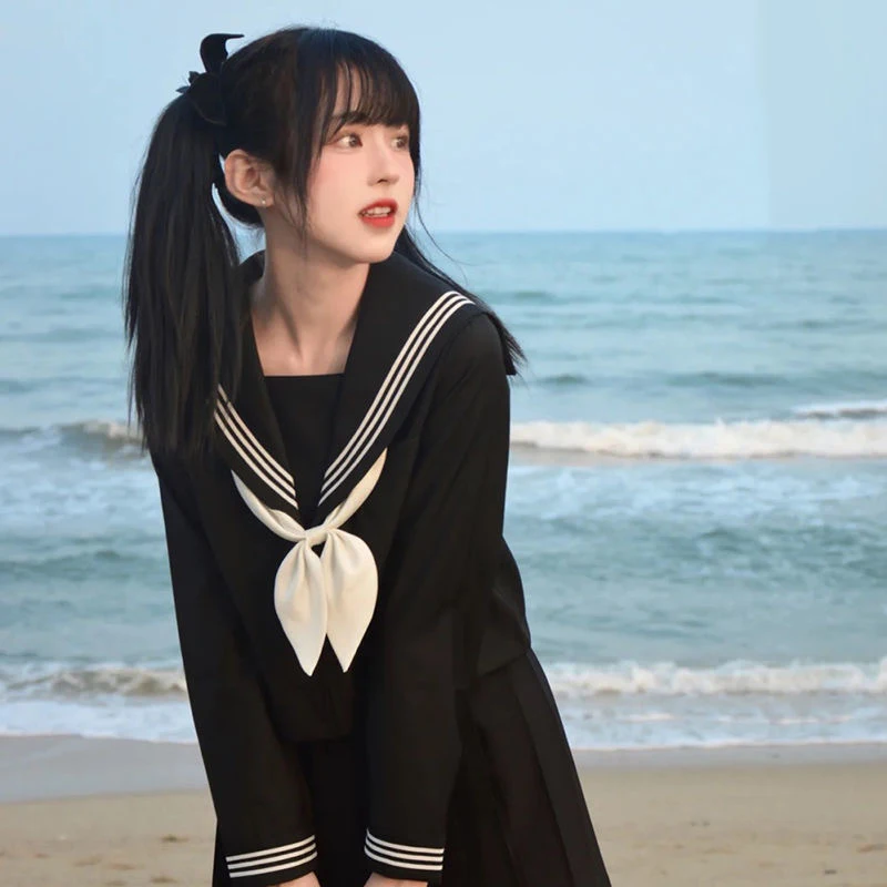 Women Sexy Black JK Suit Japanese School Uniforms Style S-3xl Student Girls Navy Costume  Sailor Blouse Pleated Skirt Set