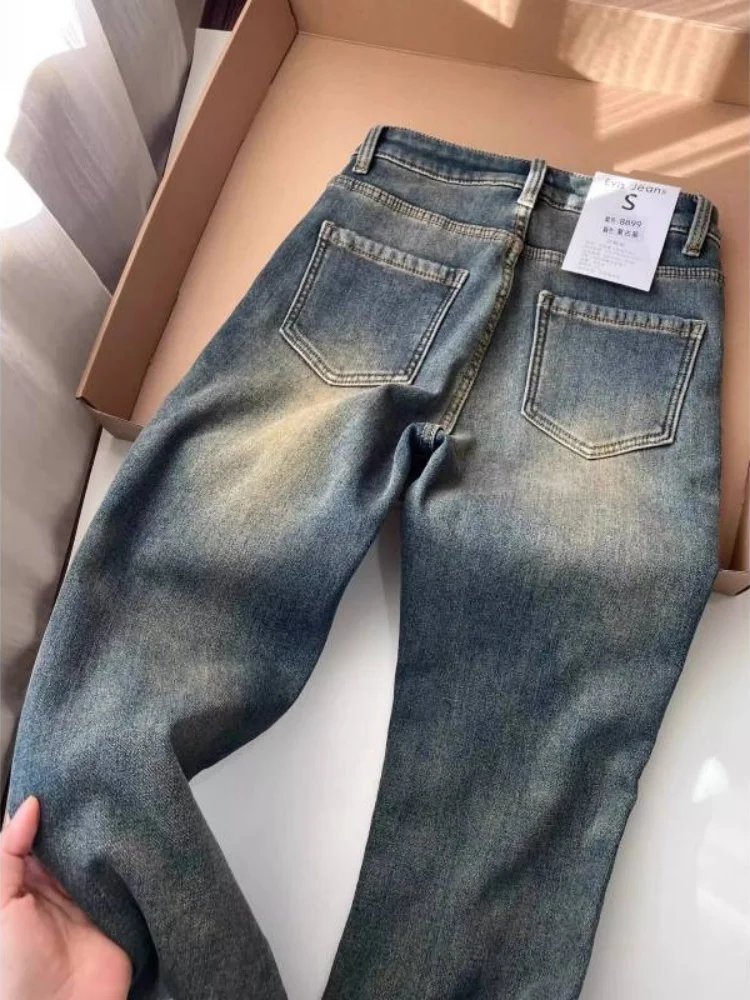 플러스 사이즈 기모 안감 마이크로 플레어 데님 청바지 여성용 겨울 하이웨이스트 슬림핏 신축성 있는 스트레이트 레그 와이드 레그