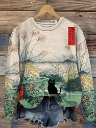 Sudadera informal de calle para mujer, Sudadera con capucha con estampado de gato japonés Edo Period Mount Fuji, Jersey holgado y suave, cárdigan de cuello redondo