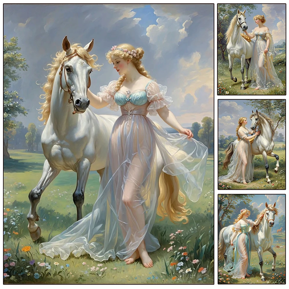 Diy 5D Mosaic Art Women and White Horse Diamond Painting Animals Full Water Diamond Embroidery Girls Painting Wall Decoration