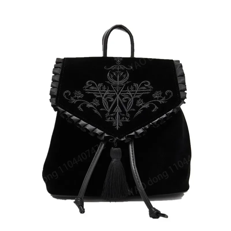 Yao Dong Dark Harajuku Style Velvet Backpack Witch Gothic Magic Embroidery Black Punk Rock Style Ladies Backpack Travel Bag Shou